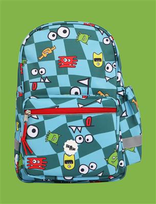 Backpack with cartoon monster pattern on a green background