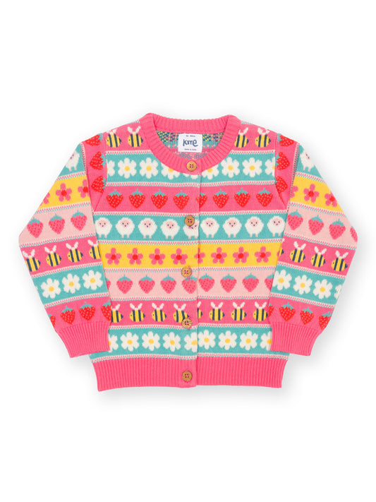 Colorful children's cardigan with floral and bee pattern on a white background