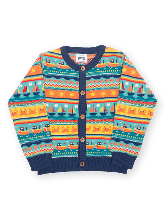 Colorful patterned cardigan on a white background