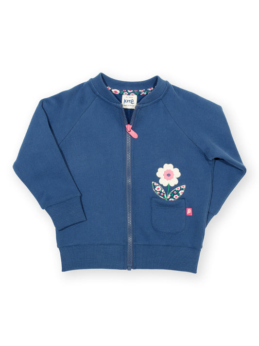 Blue children's jacket with floral designs on a white background