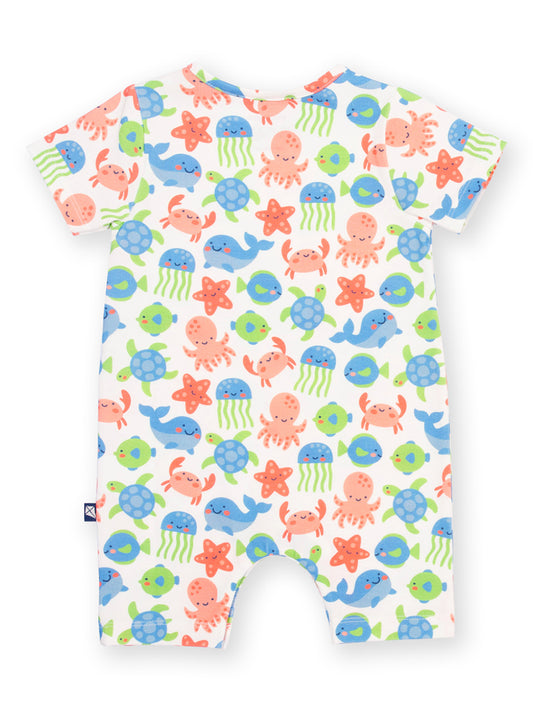 Baby romper with colourful sea creature pattern on a white background