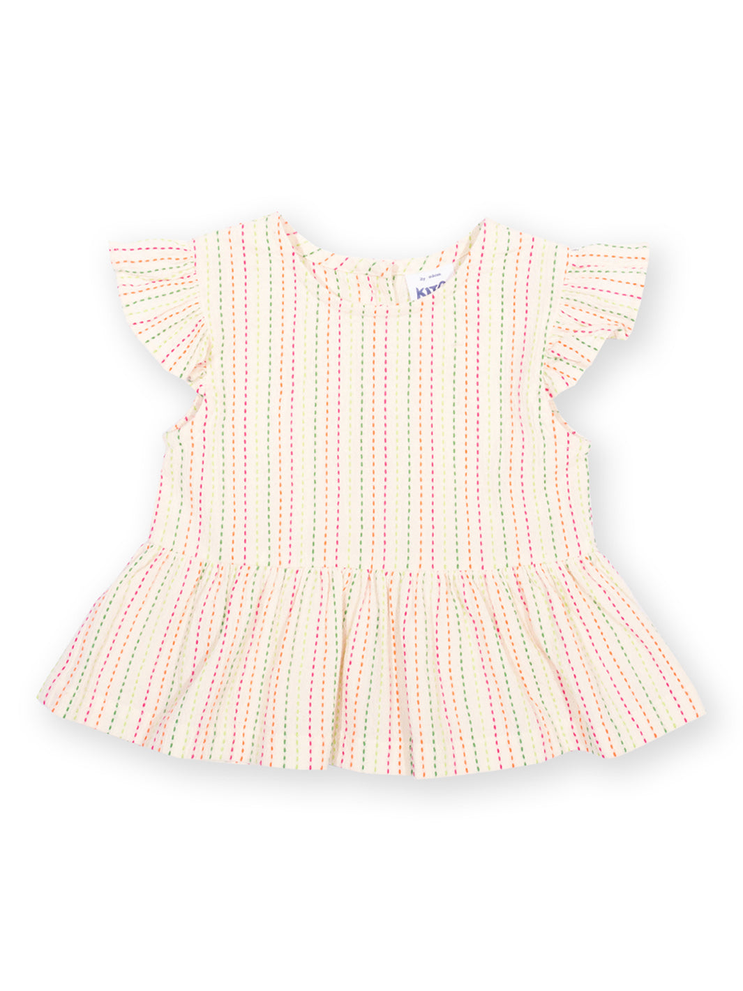 Pink and white striped childrens top on a white background