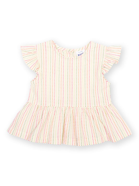 Pink and white striped childrens top on a white background