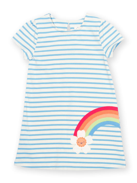 Striped dress with a rainbow and cloud design on a white background