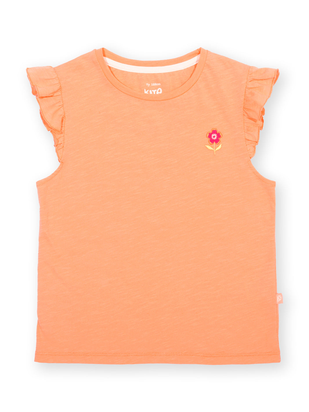 Orange sleeveless top with a floral design on a white background