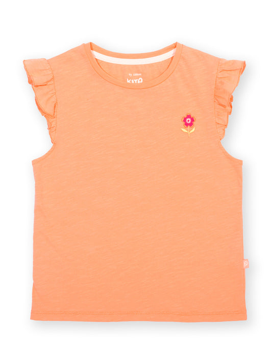 Orange sleeveless top with a floral design on a white background