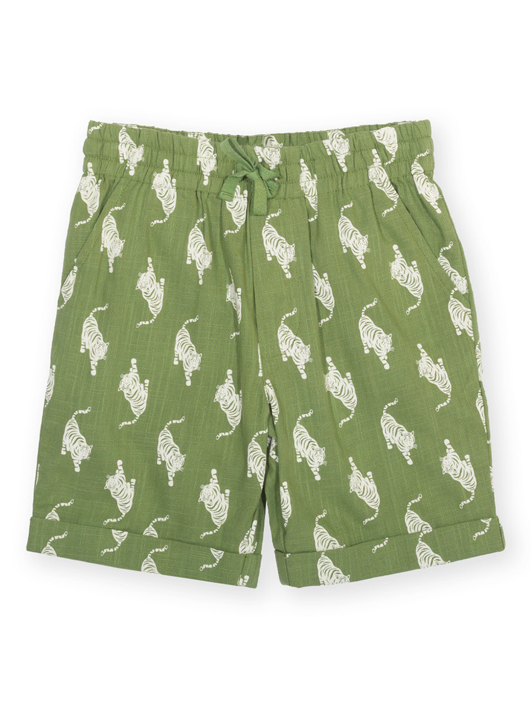 Green shorts with white tiger pattern on a white background
