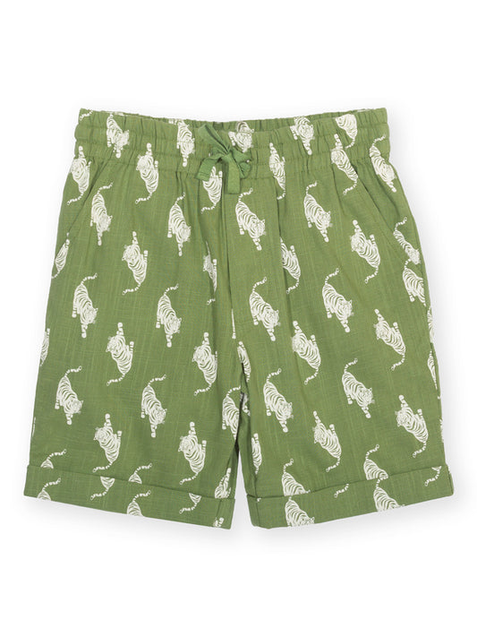 Green shorts with white tiger pattern on a white background