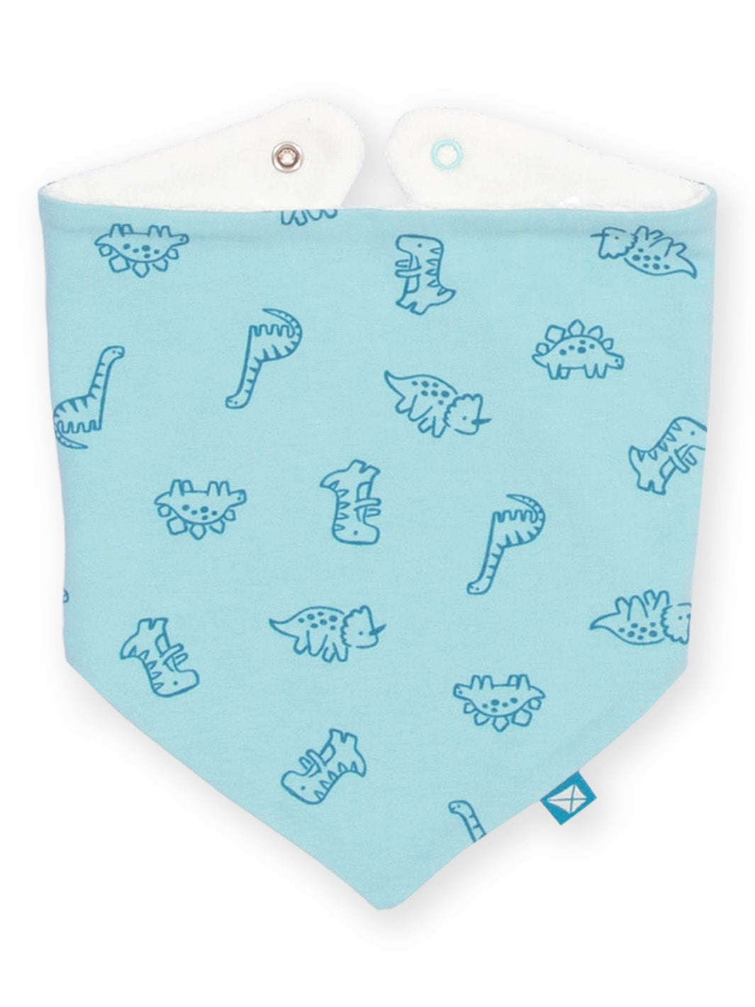 A light blue baby bandana bib with a pattern of blue dinosaur and letter prints, featuring a white inner lining and snap closures at the top.