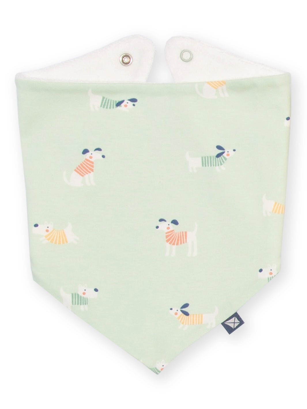 A pale mint green baby bandana bib with a playful pattern of small dogs wearing striped sweaters, featuring a white inner lining and metal snap closures at the top.