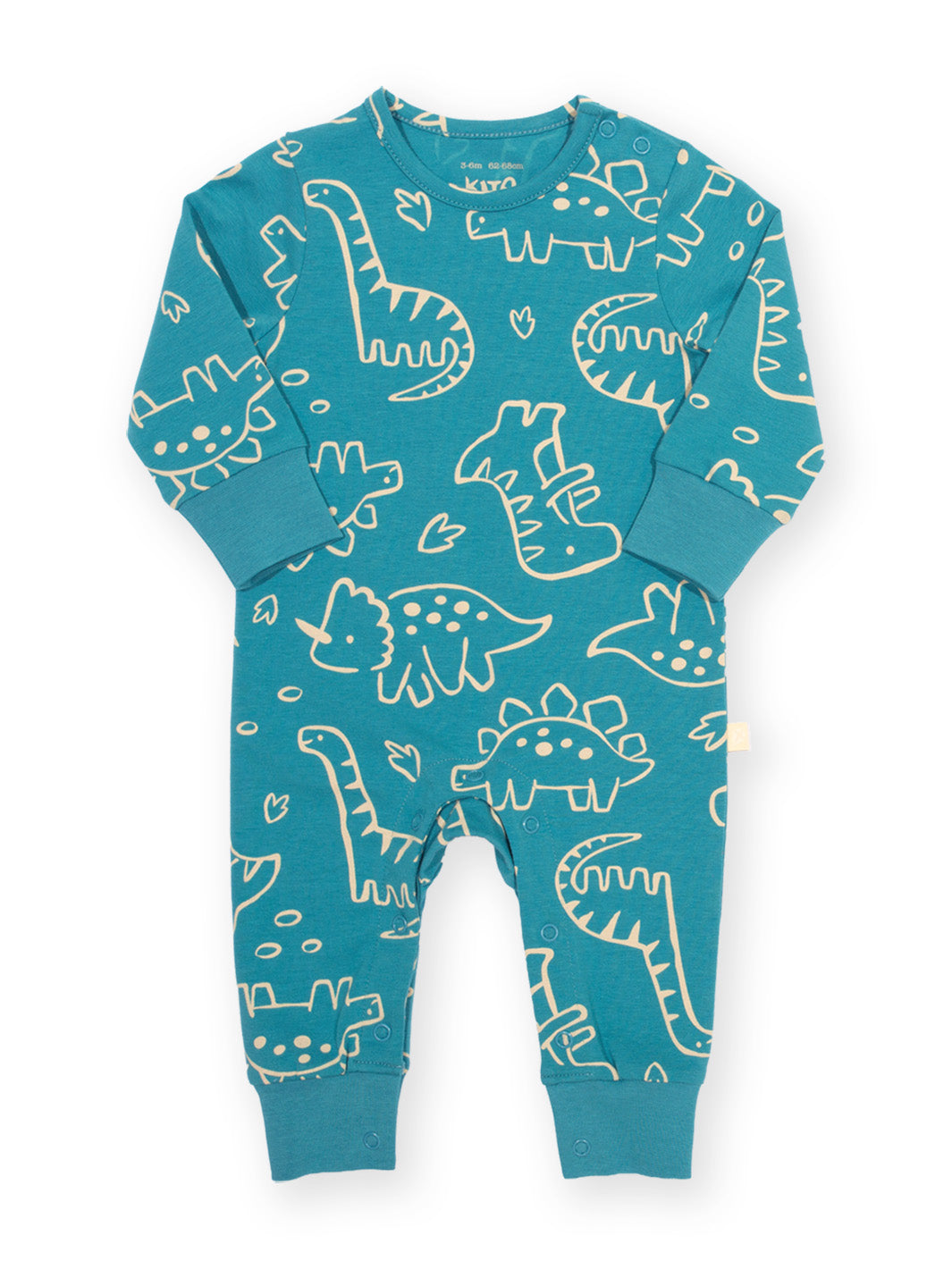 A baby long-sleeve footless one-piece jumpsuit in teal blue with a white line-drawn dinosaur pattern, shown flat on a white background.