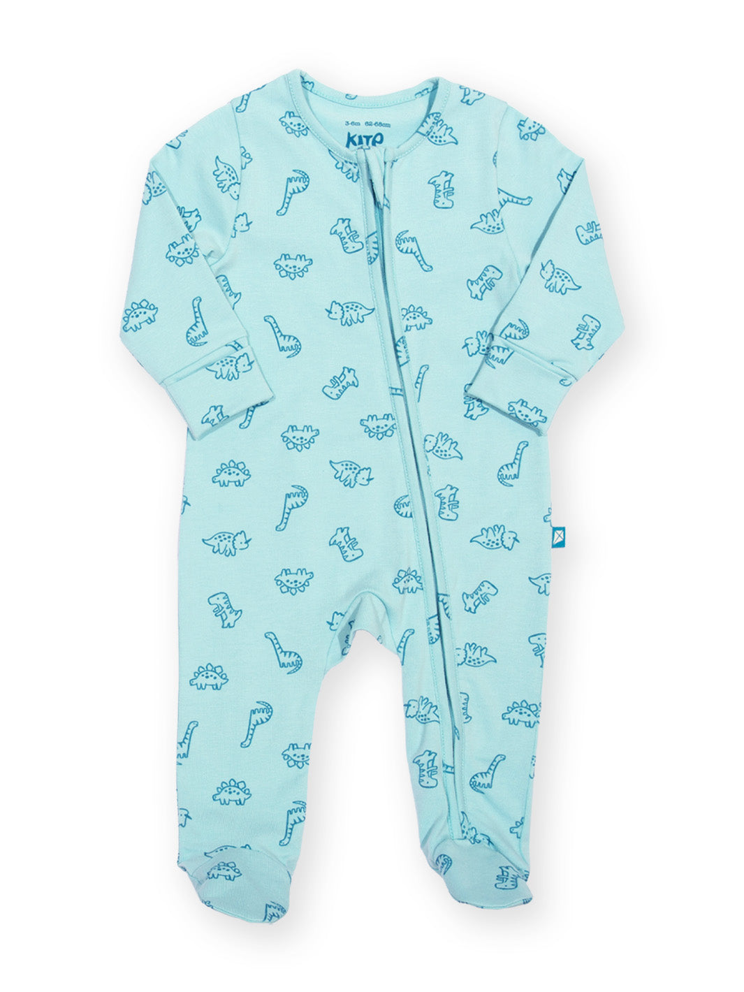 A baby footed one-piece sleeper in light blue with a repeating dinosaur pattern, featuring a front zipper closure and long sleeves.