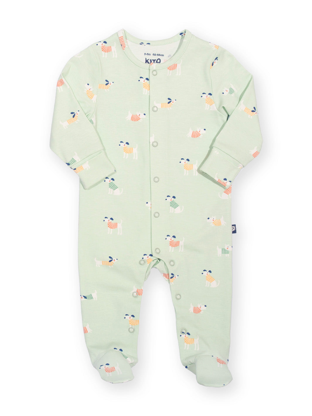 A baby long-sleeve footed sleeper in pale mint green with a colorful pattern of small cartoon animals, featuring snap buttons down the front. The brand name 'kito' is visible on the inner neck label.