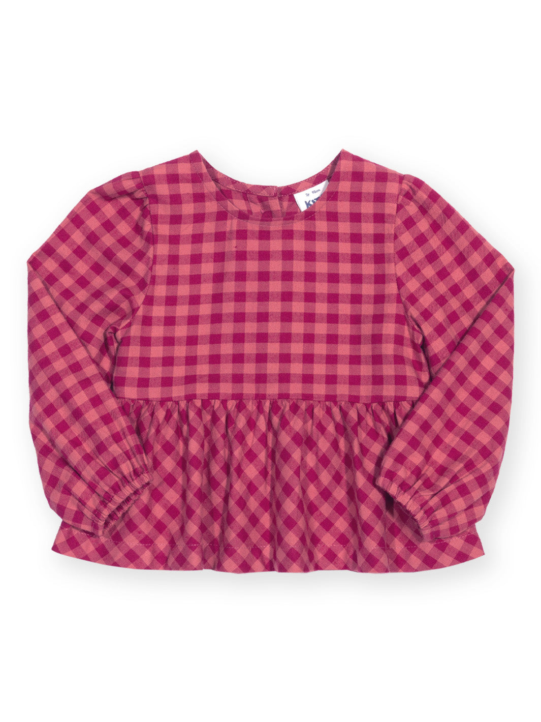 A long-sleeve children's blouse featuring a pink and magenta gingham check pattern, a gathered waist seam, and elasticized cuffs, shown flat on a white background.