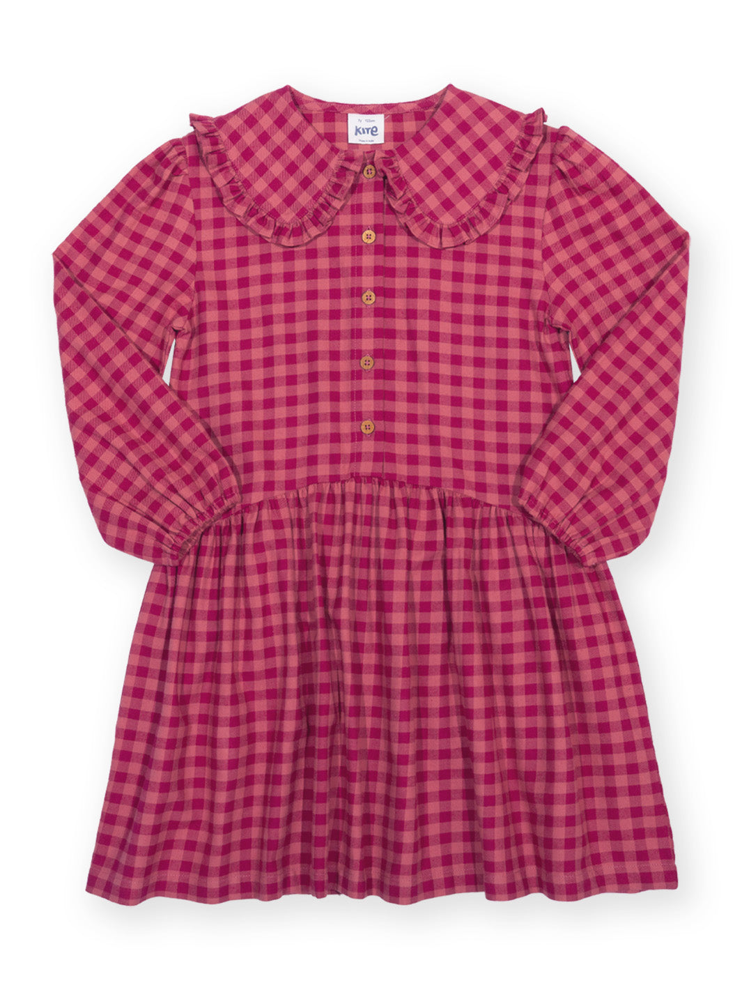 A long-sleeve children's dress with a pink and red gingham check pattern, featuring a ruffled Peter Pan collar, button-front closure, and a gathered skirt, shown on a plain white background.