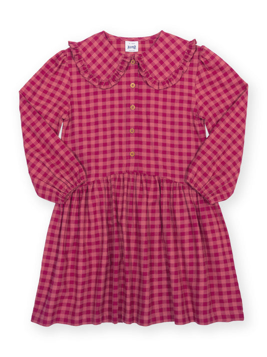 A long-sleeve children's dress with a pink and red gingham check pattern, featuring a ruffled Peter Pan collar, button-front closure, and a gathered skirt, shown on a plain white background.