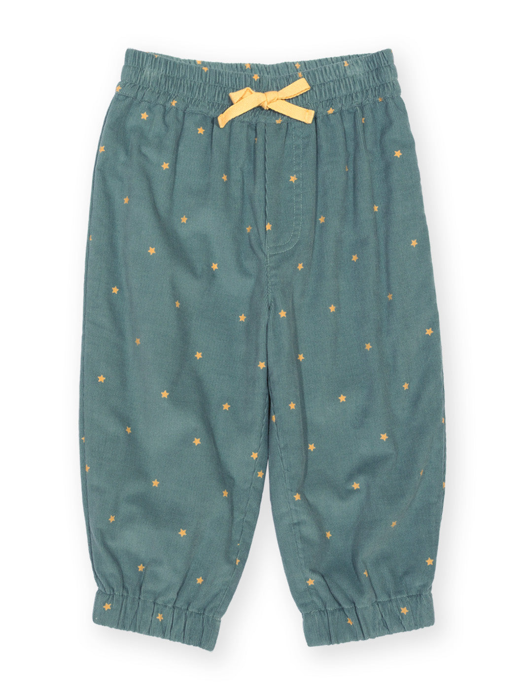 A pair of toddler's elastic-waist pants in a muted teal green, decorated with a small yellow star pattern and a matching yellow bow on the waist.