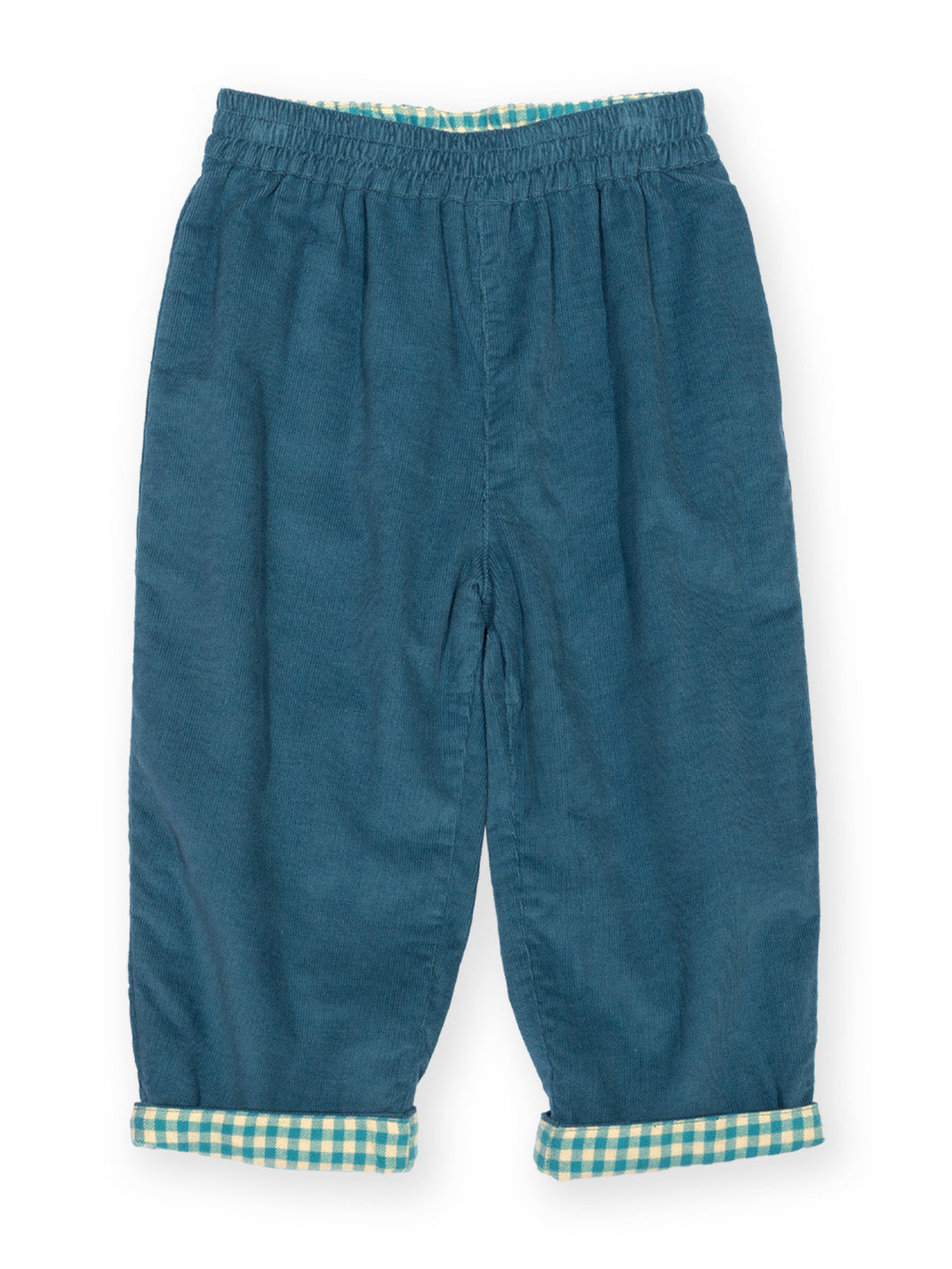 A pair of toddler's blue corduroy pants with a green and white gingham check lining at the cuffs and waistband, shown flat on a white background.