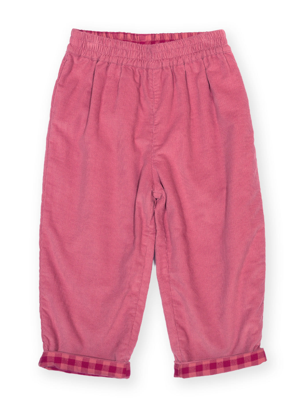 Pink corduroy pants for toddlers, featuring an elastic waistband and rolled cuffs with a pink and red gingham check pattern, shown flat on a white background.