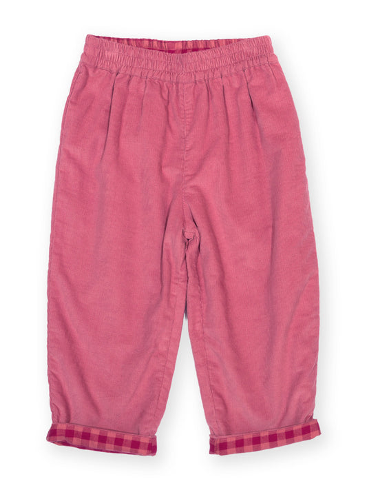 Pink corduroy pants for toddlers, featuring an elastic waistband and rolled cuffs with a pink and red gingham check pattern, shown flat on a white background.