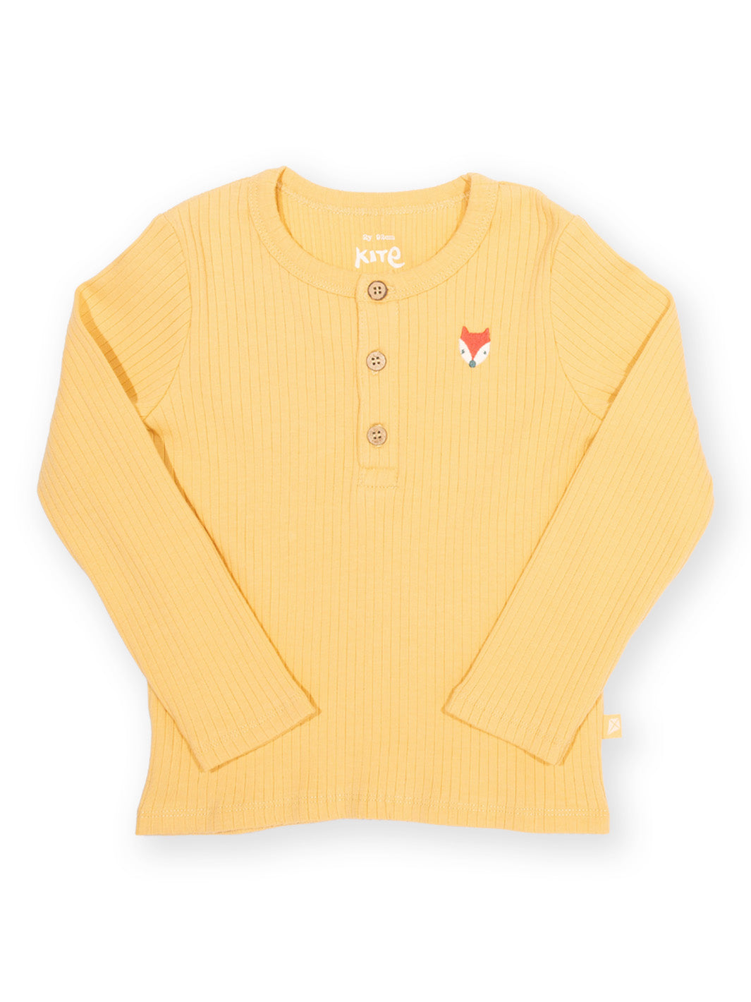 A yellow ribbed long-sleeve henley shirt for toddlers, featuring a small embroidered fox on the left chest and three brown buttons on the chest.