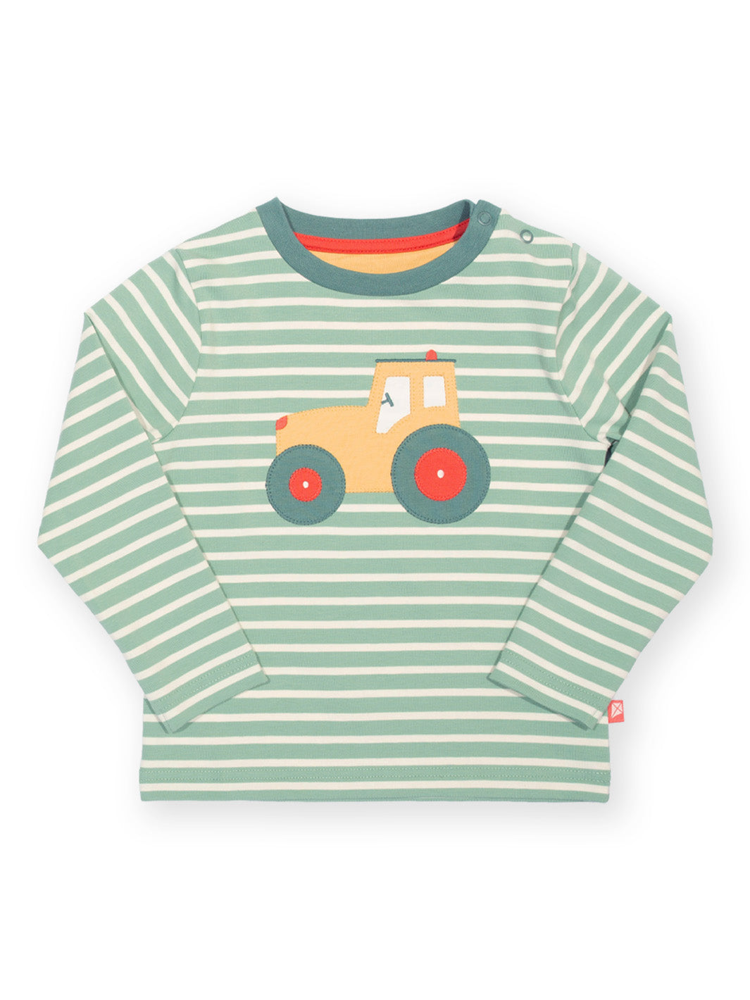 A long-sleeve baby t-shirt with light green and white horizontal stripes, featuring a cartoon tractor graphic on the chest with a yellow cab and red wheels.