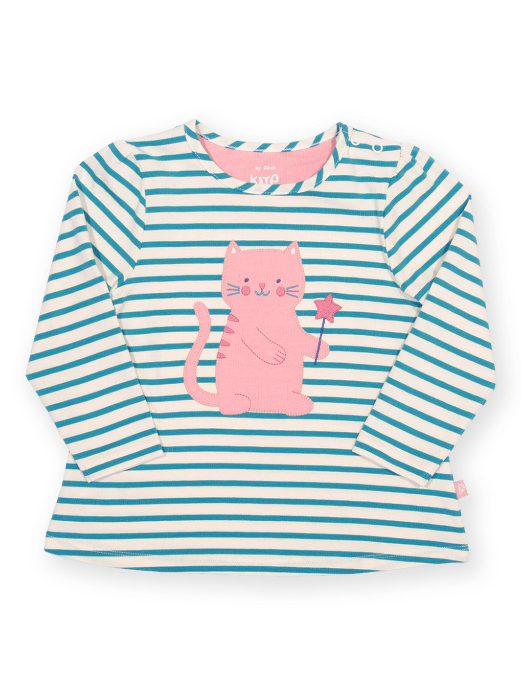 A long-sleeve children's top with horizontal teal and cream stripes, featuring a pink cartoon cat graphic holding a wand on the front.