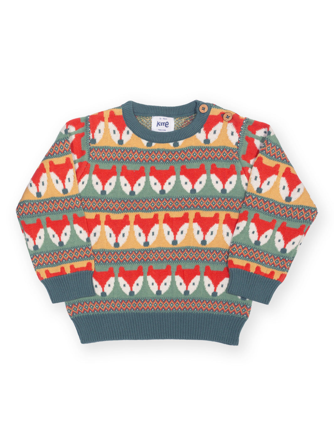 A children's knit sweater with a repeating pattern of fox faces in red, yellow, white, and green, finished with solid dark teal ribbed cuffs, collar, and hem.