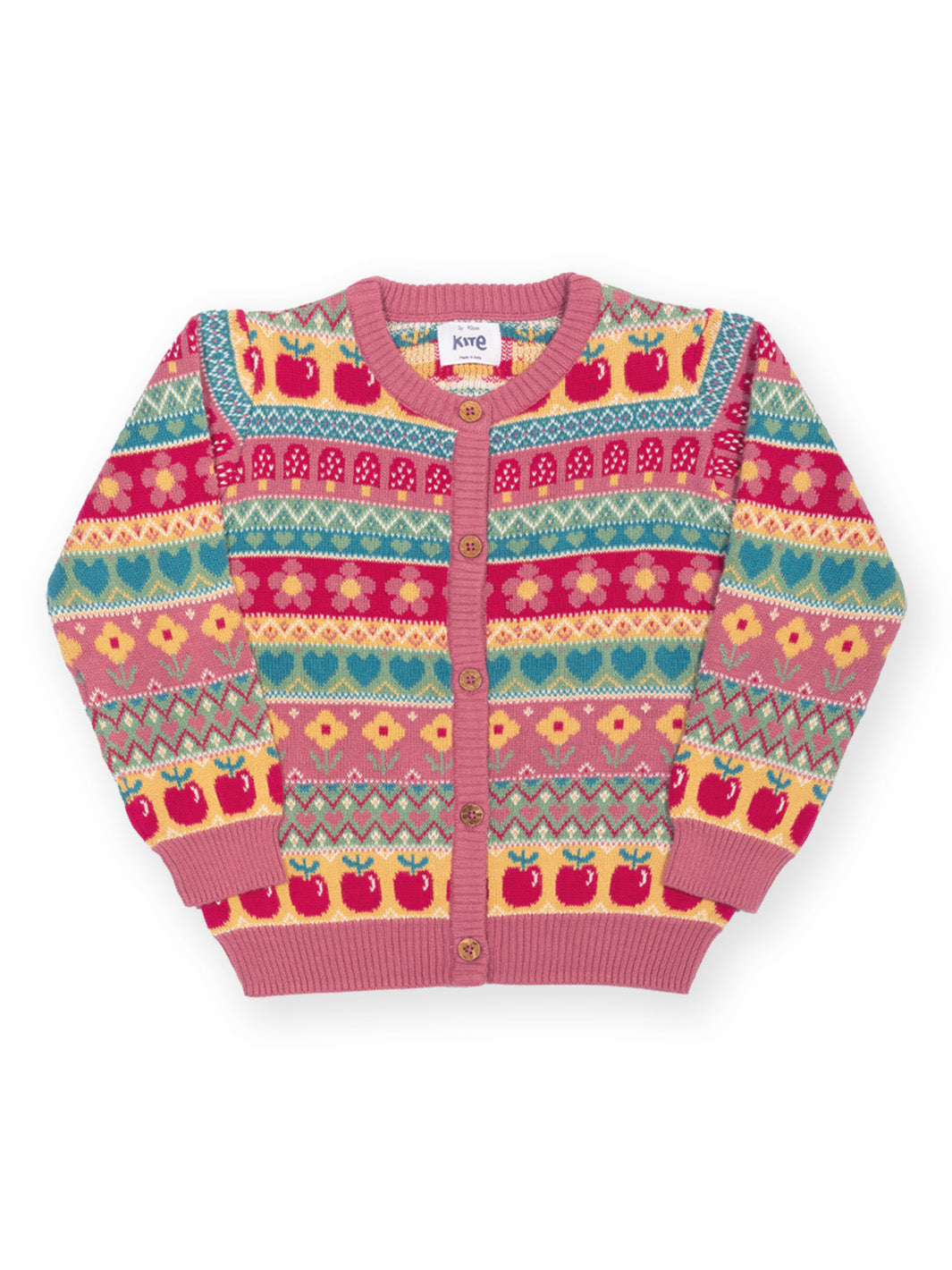 A pink knit cardigan sweater with a colorful Fair Isle pattern featuring red apples, hearts, and geometric designs, shown flat on a white background.