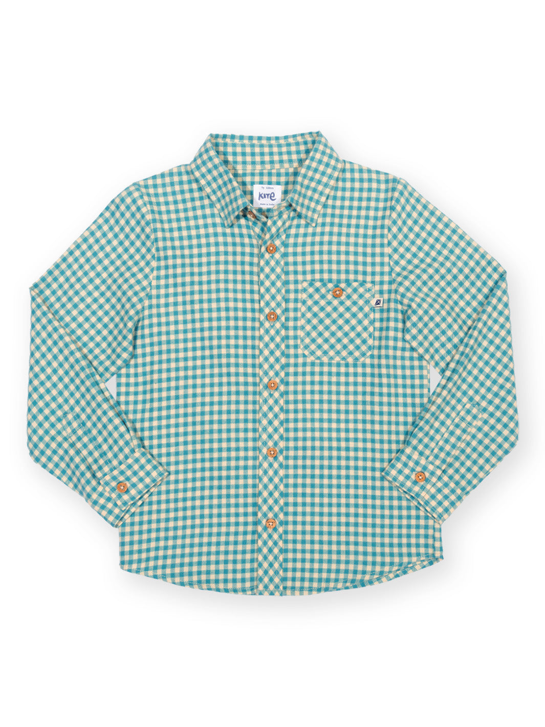 A long-sleeve button-up shirt with a green and white gingham check pattern, featuring a chest pocket and wooden buttons, laid flat on a white background.