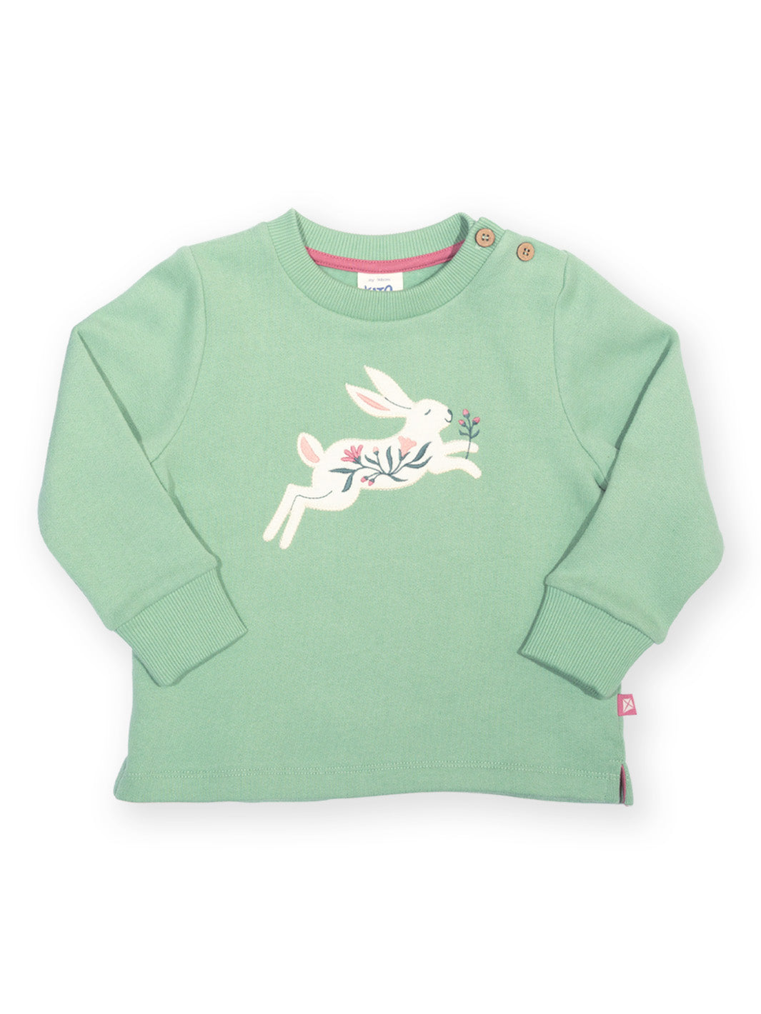 A mint green long-sleeve baby sweatshirt featuring a white embroidered bunny holding a pink flower on the chest, with snap buttons on the shoulders and a small pink tag on the hem.
