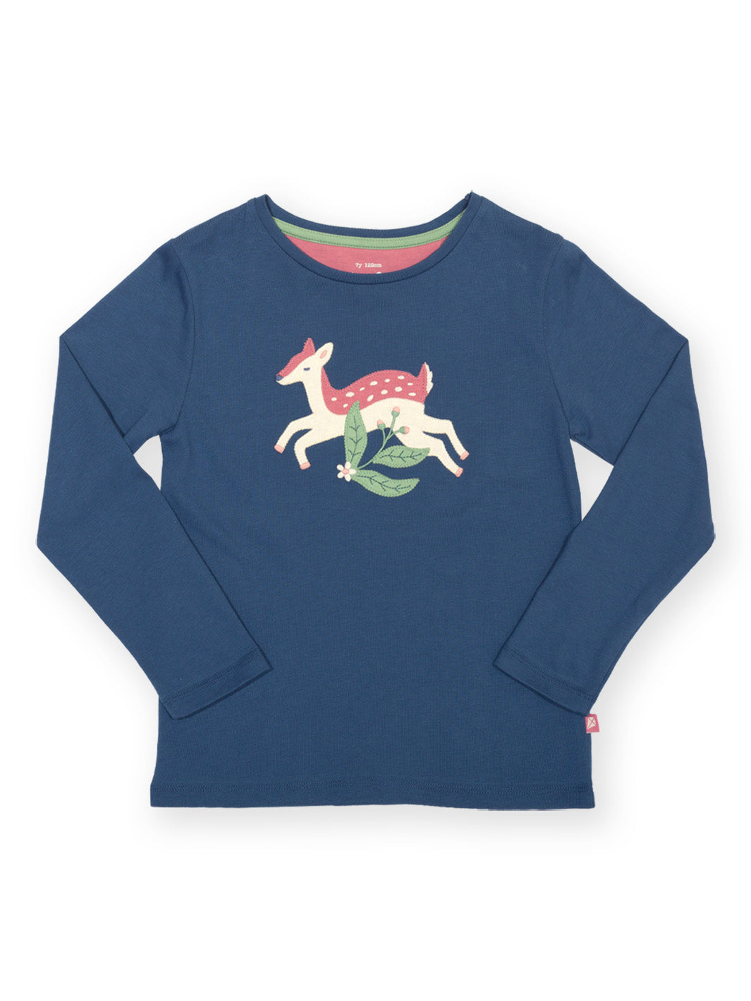A navy blue long-sleeve crewneck shirt for kids, featuring a colorful graphic of a white deer with red spots and green leaves on the chest, displayed on a clean white background.
