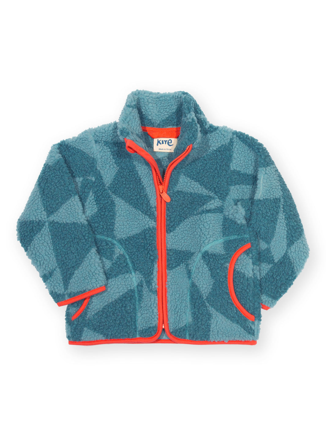A children's fleece zip-up jacket in a geometric pattern of teal and blue, featuring bright orange-red trim and zipper details, laid flat on a white background.