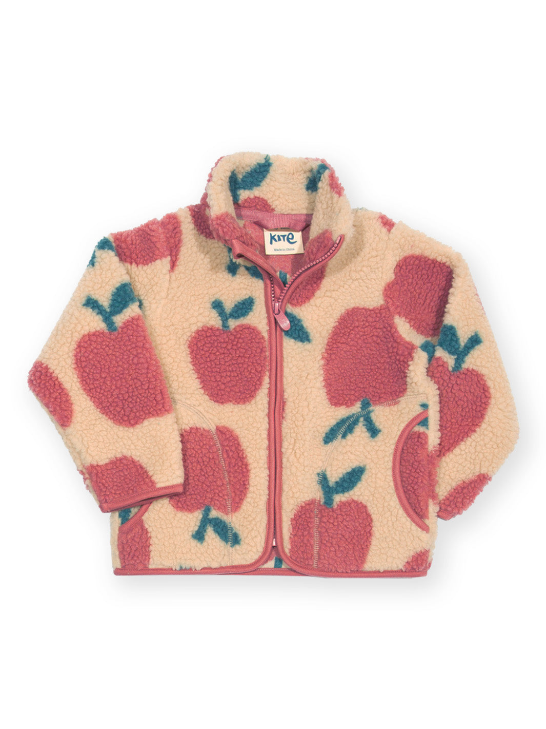 A fleece zip-up jacket with a repeating apple pattern in red and green on a cream background, shown flat against a white background.