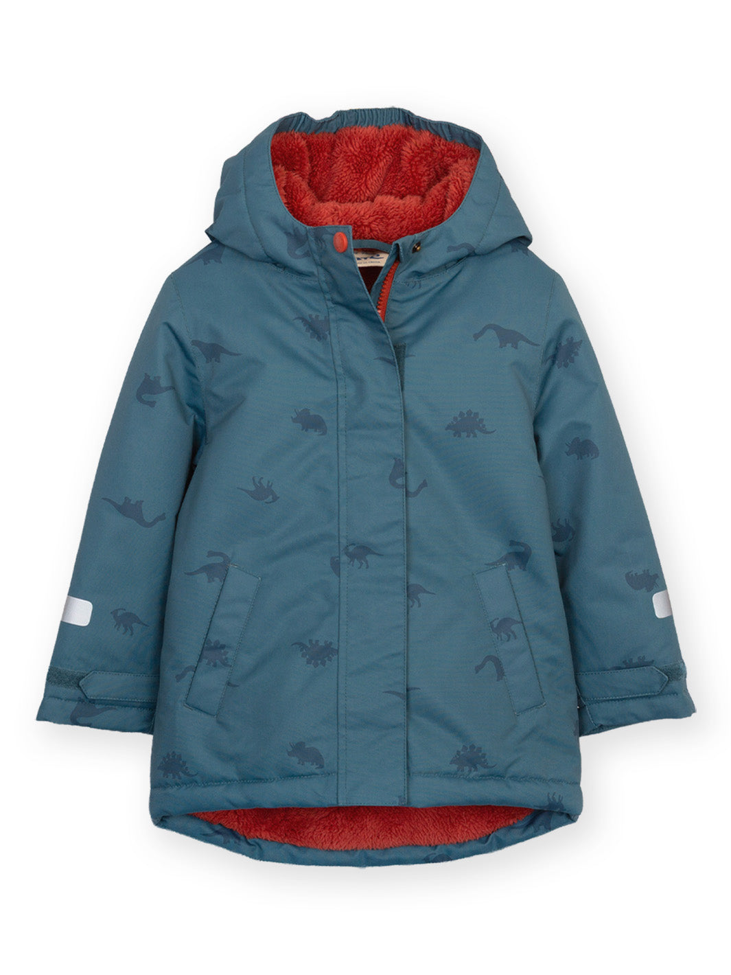 A children's hooded winter jacket in slate blue with an allover dinosaur print, featuring a bright red fleece-lined hood and hem, displayed on a clean white background.