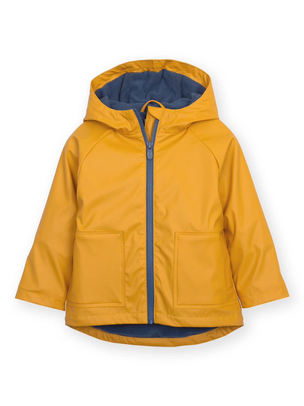 A yellow hooded rain jacket with a blue zipper and a blue interior lining, displayed on a clean white background.