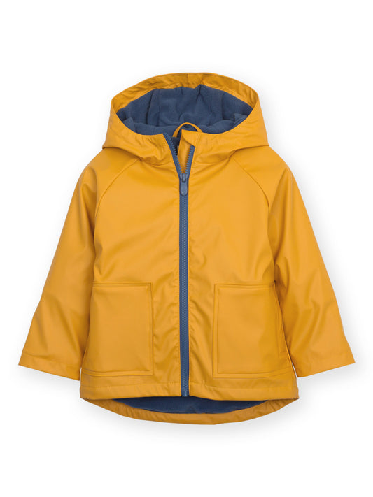 A yellow hooded rain jacket with a blue zipper and a blue interior lining, displayed on a clean white background.
