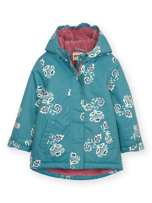 A teal hooded winter jacket with a white and purple floral pattern, featuring a pinkish-red fleece lining visible inside the hood and front opening, shown on a plain white background.