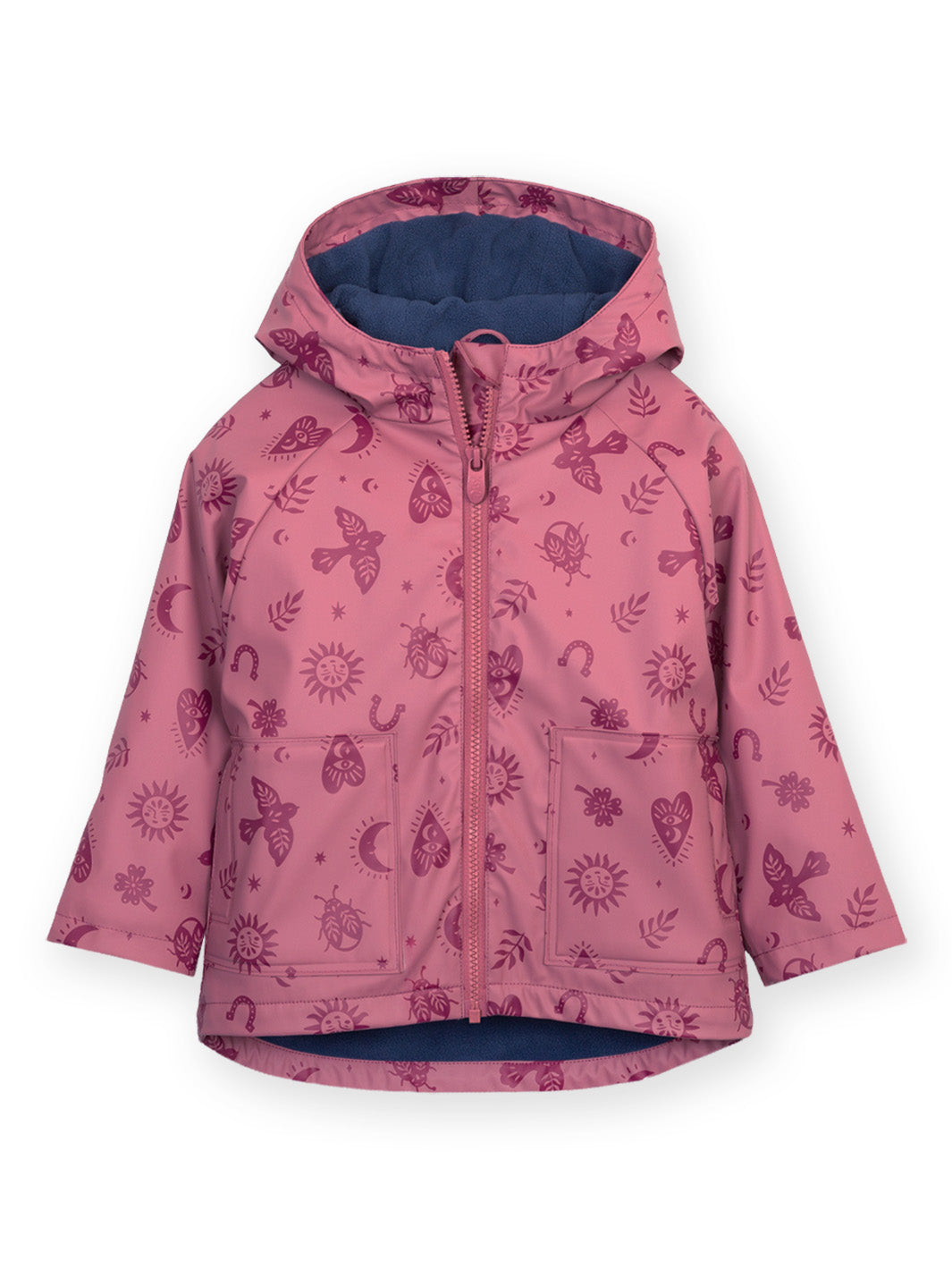 A pink hooded children's jacket with a dark purple allover whimsical print of butterflies, suns, and moons, featuring a blue interior lining.