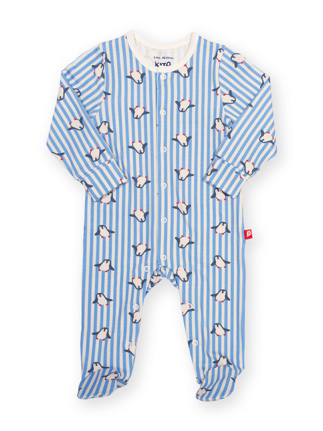 A baby footed sleeper with long sleeves and an all-over print of penguins on a light blue and white striped background, shown flat on a white background.