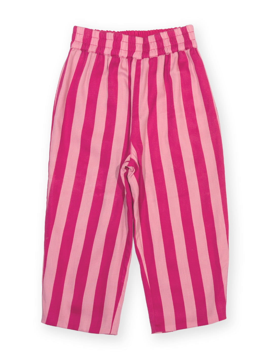 Pink and light pink vertically striped cropped pants with an elastic waistband, shown flat against a white background.