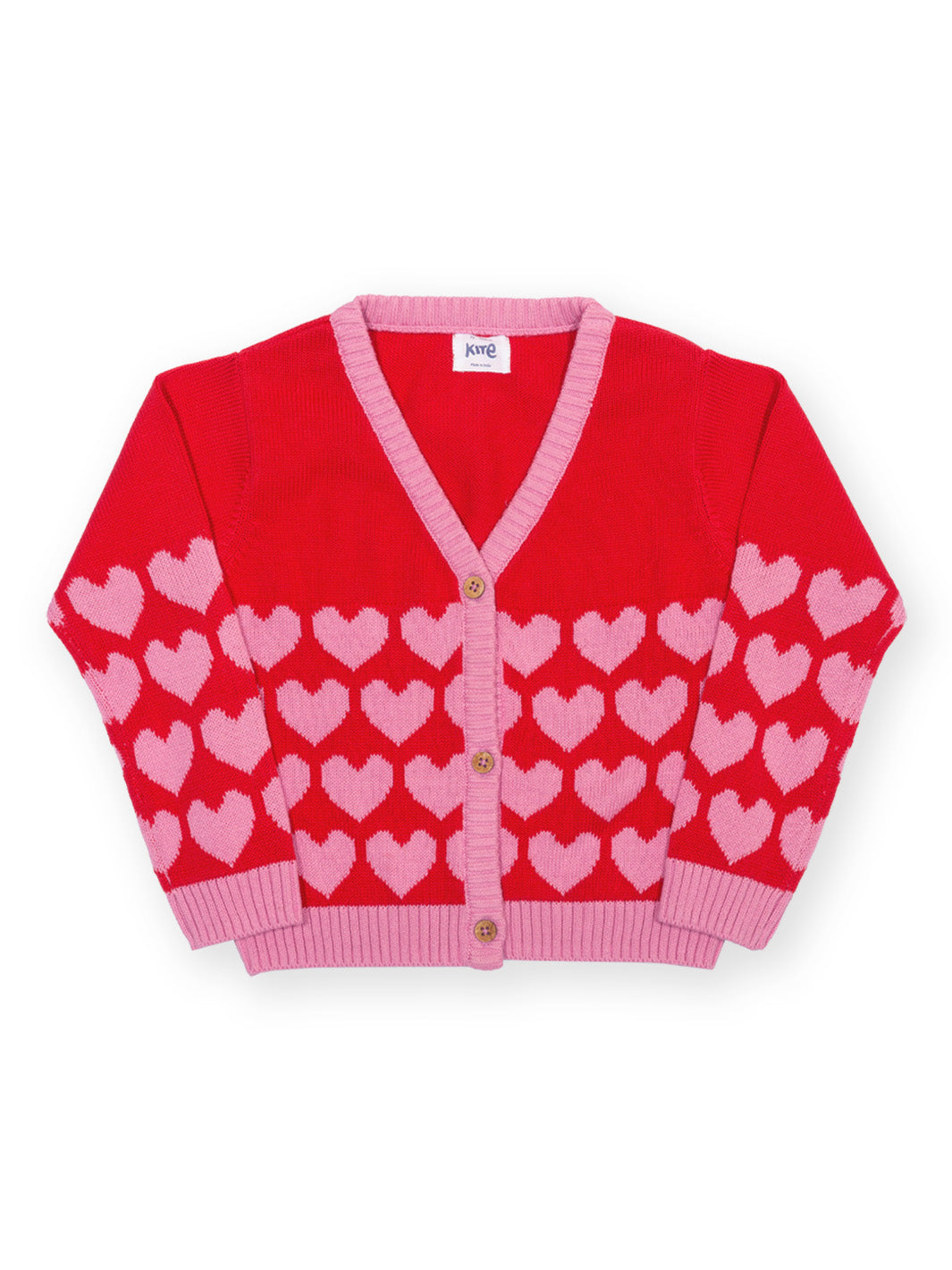 A red knit cardigan sweater with a pink V-neck, cuffs, and hem, featuring a pattern of pink hearts across the front and sleeves, with three brown buttons.