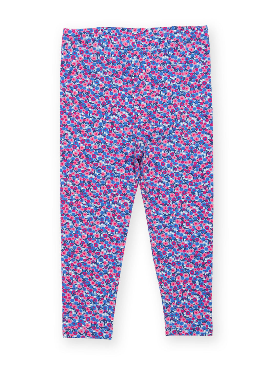 A pair of children's leggings with an all-over abstract floral pattern in pink, blue, and purple, displayed flat against a white background.