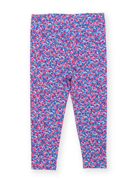 A pair of children's leggings with an all-over abstract floral pattern in pink, blue, and purple, displayed flat against a white background.