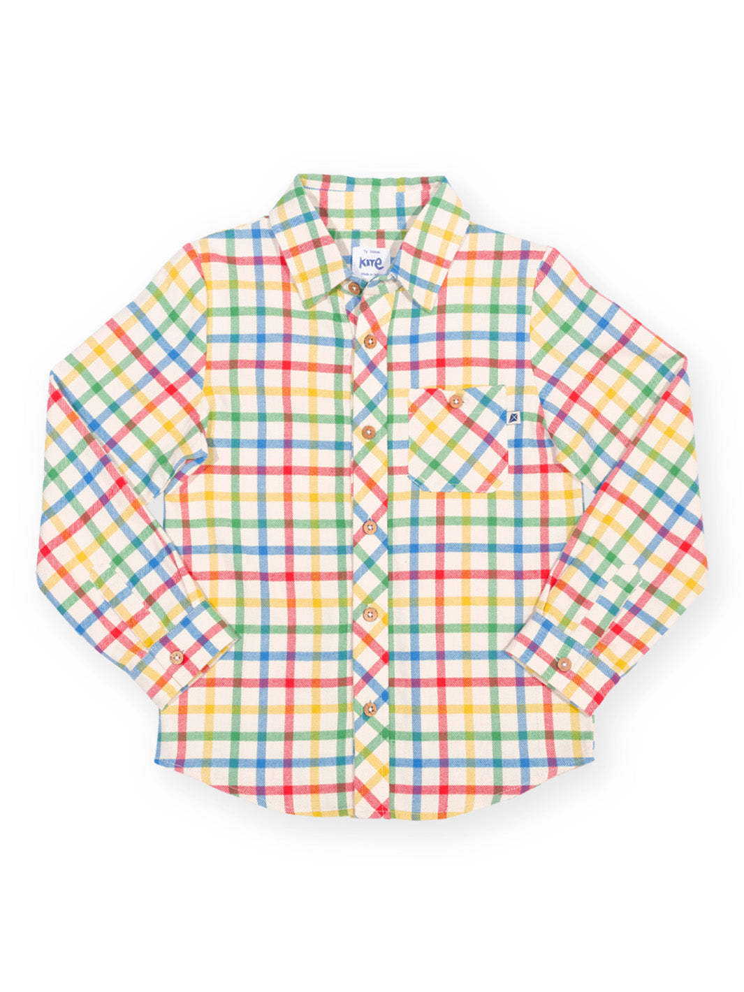 A long-sleeve button-up shirt with a colorful plaid pattern on a white base, featuring red, green, blue, and yellow stripes. It has a pointed collar, buttoned front, and a chest pocket with a matching embroidered logo.