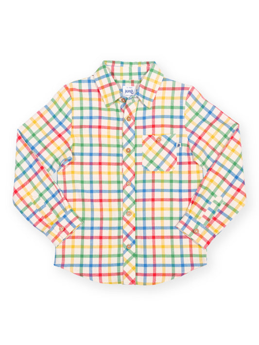 A long-sleeve button-up shirt with a colorful plaid pattern on a white base, featuring red, green, blue, and yellow stripes. It has a pointed collar, buttoned front, and a chest pocket with a matching embroidered logo.