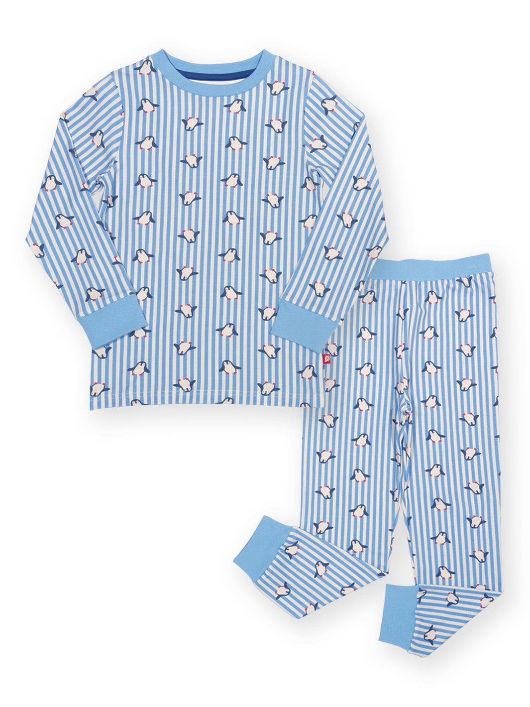 A two-piece children's pajama set featuring a long-sleeve top and matching pants. The set has a light blue and white vertical stripe pattern with a repeating penguin print, and solid light blue cuffs and waistband.