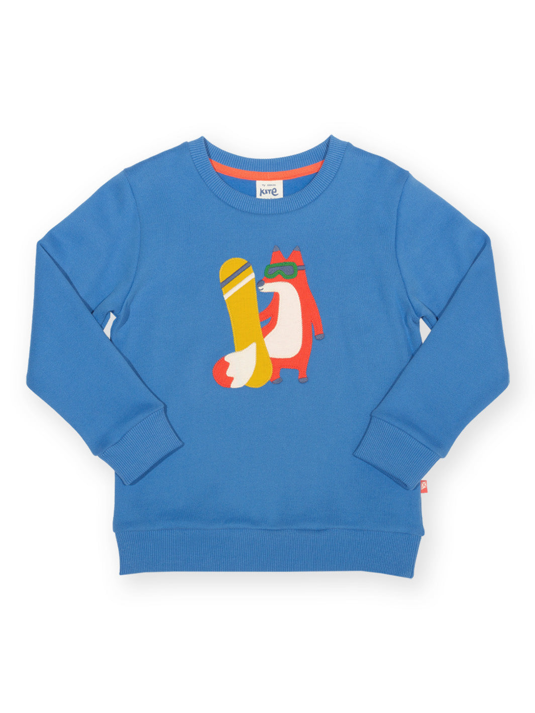 kids blue fox sweatshirt.  Fox is holding a snowboard and wearing sunglasses 
