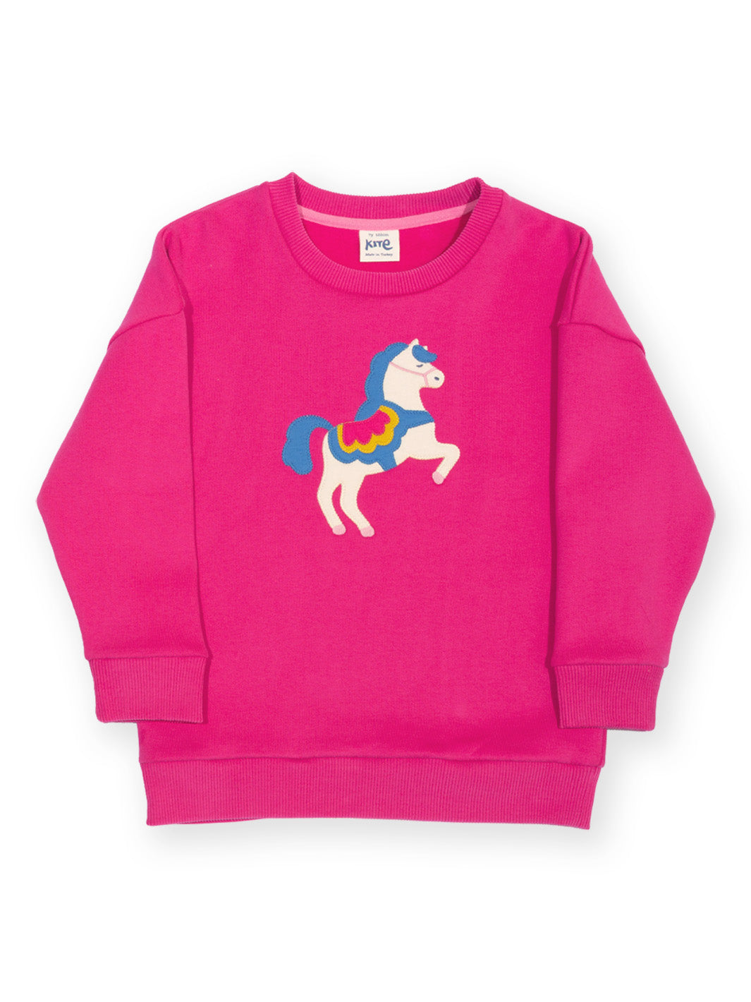 A bright pink crewneck sweatshirt featuring a colorful cartoon carousel horse graphic on the chest, displayed flat against a clean white background.