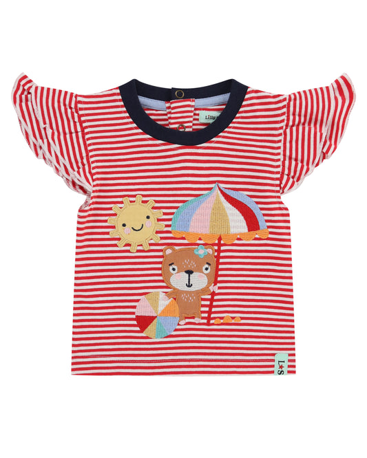 striped tshirt and short set featuring a bear on a beach